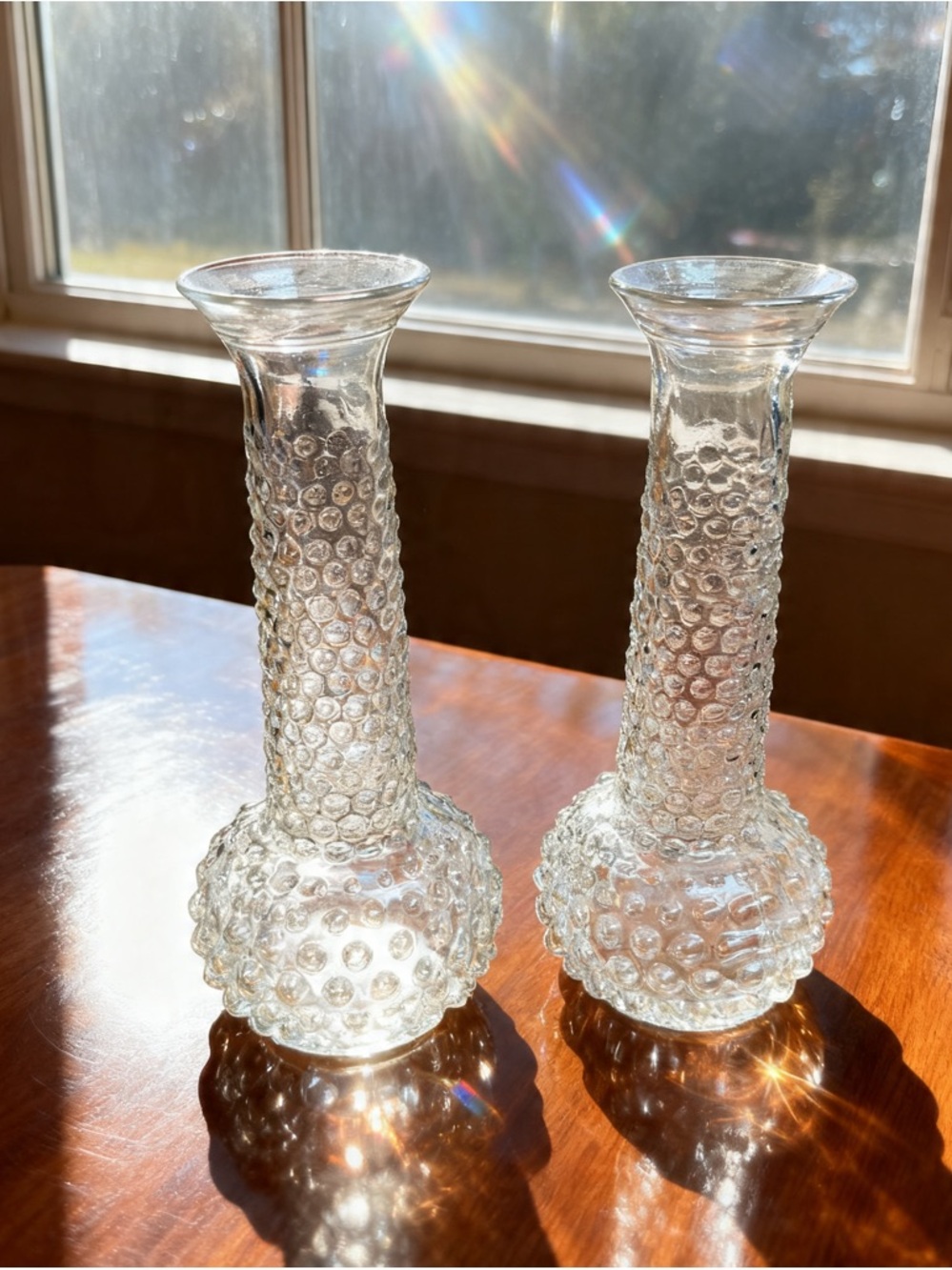 Set of 2 E.O. Brody Hobnail Clear Glass Flower Vases, 1960’s. 7.5” Tall